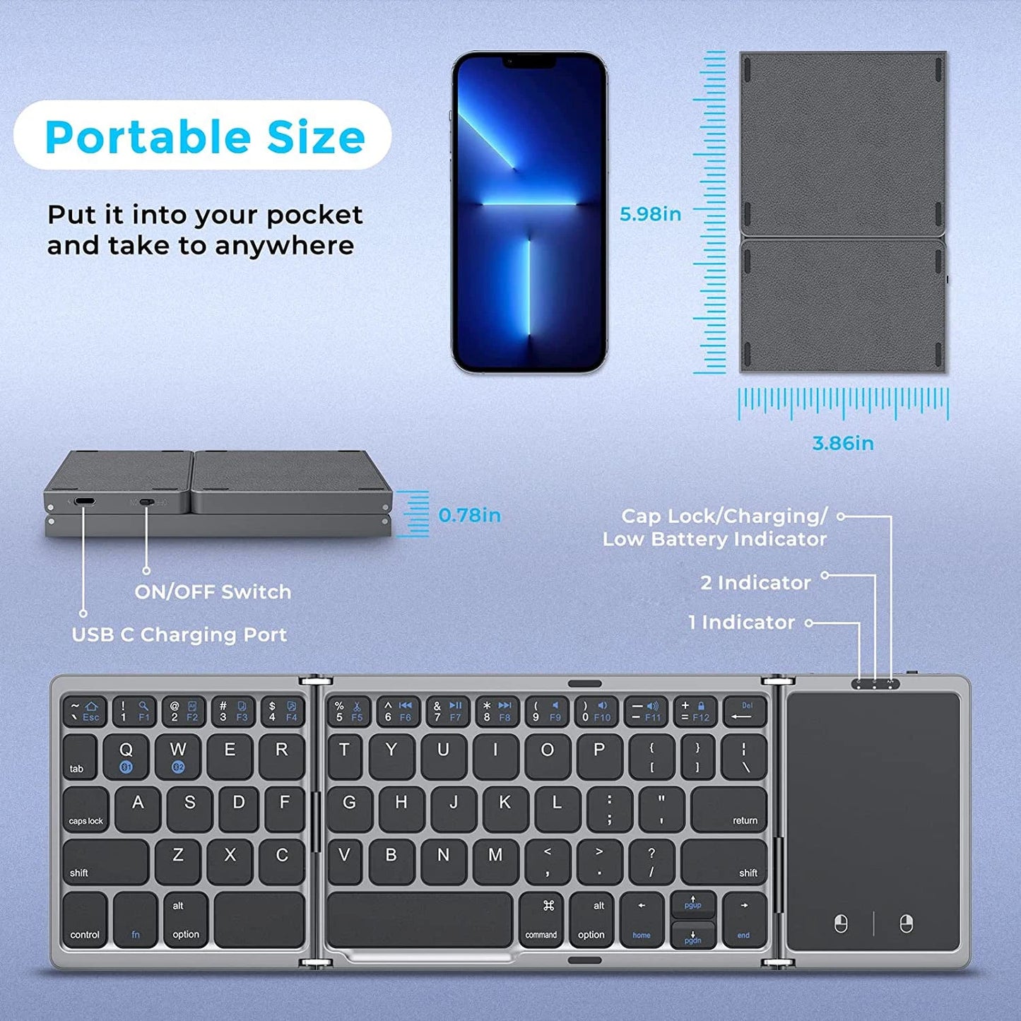 Foldable Bluetooth Keyboard with Touchpad – Ultra - Portable & Rechargeable - ZNOVOTECH