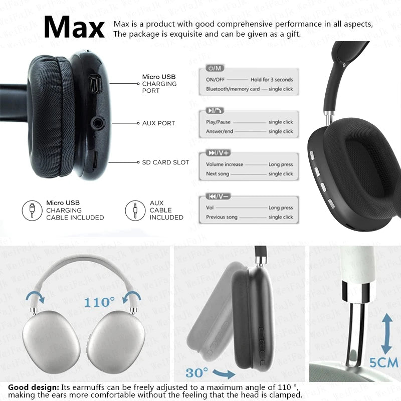 Original Pro Max Air Wireless Bluetooth Headphones Noise Cancelling Earphones Mic Pods Over Ear Sports Gaming Headset